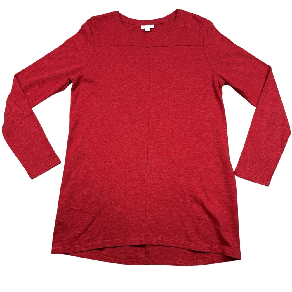 J.Jill Shirt Women Medium Red Cotton Tunic Solid Pockets Round Neck Long Sleeve